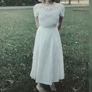 Marie St. Claire Vintage Beaded 80s Gown Ramie Cotton Pearl Lace Detail Midi